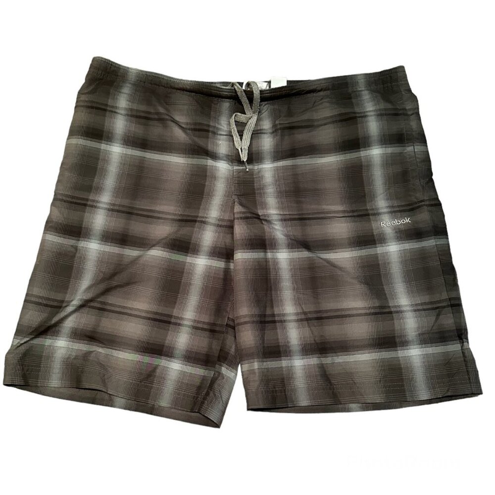 Reebok Mens Shorts Swim Trunks Board Shorts Grey & Black Plaid Size Large